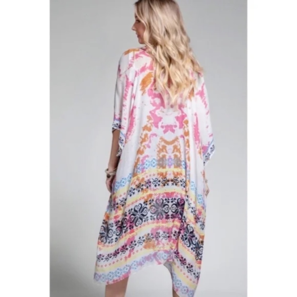 SOLD OUT Colorful Tie Dye Bohemian Ethnic Border Motif Kimono Wrap Coverup Open - Picture 5 of 5